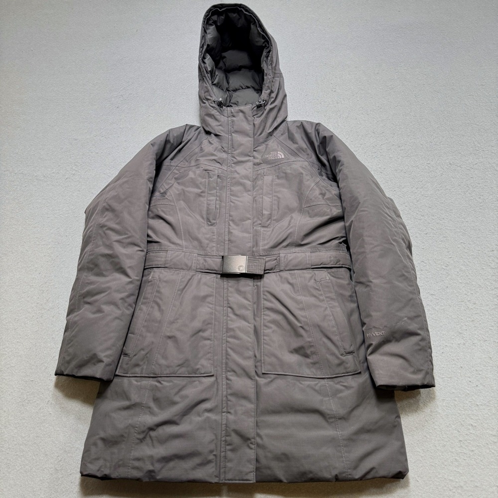 The North Face Parka Jacket Women's Small Gray Belted Hooded HyVent Quilted Coat